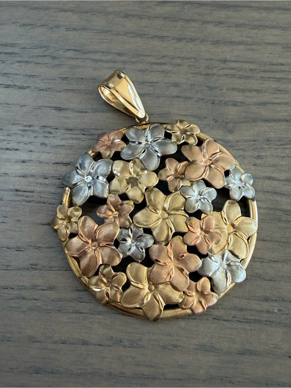 14k Yellow, White and Rose Gold Plumeria Flower Cluster Pendant